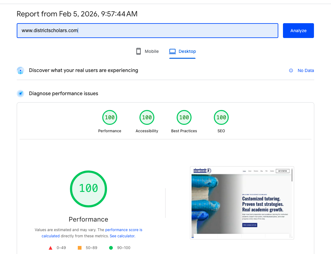 page speed test of districtscholars.com showing perfect rankings