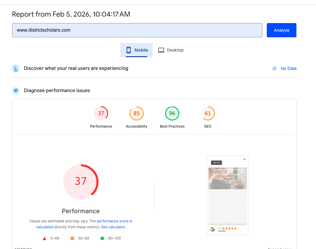 page speed test of districtscholars.com showing low rankings