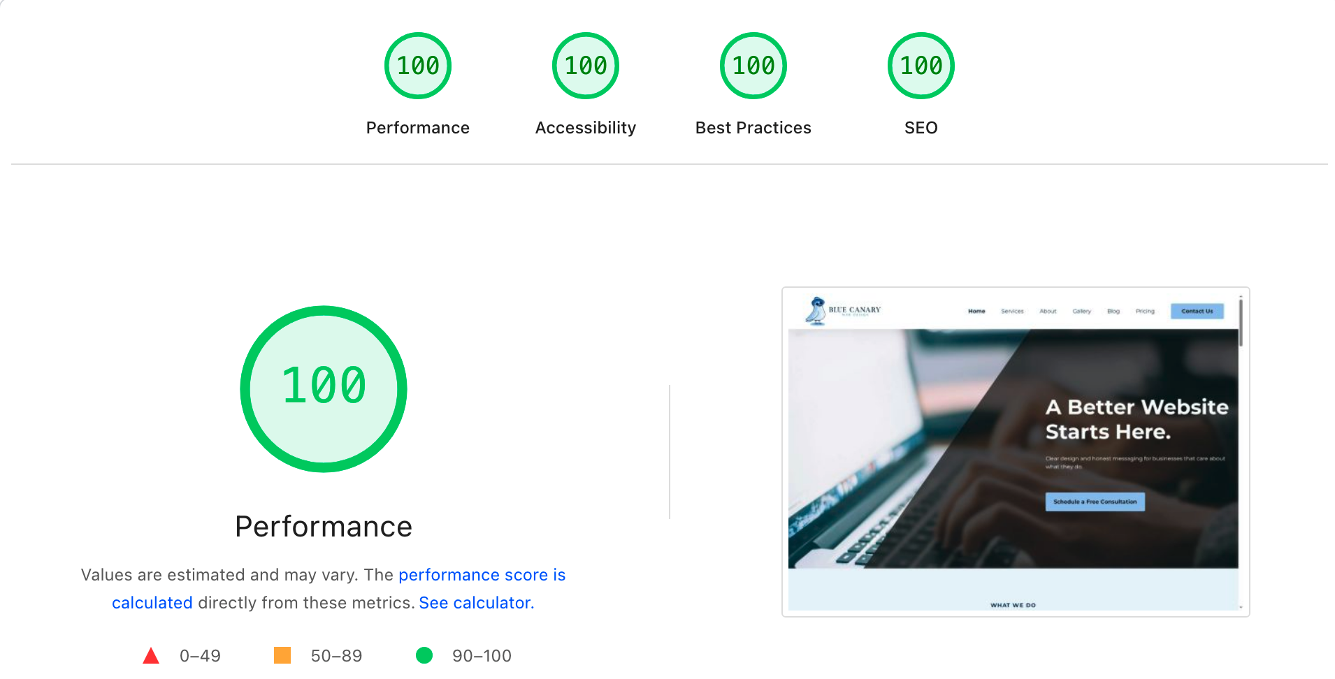 screenshot of page speed showing 100 in all categories