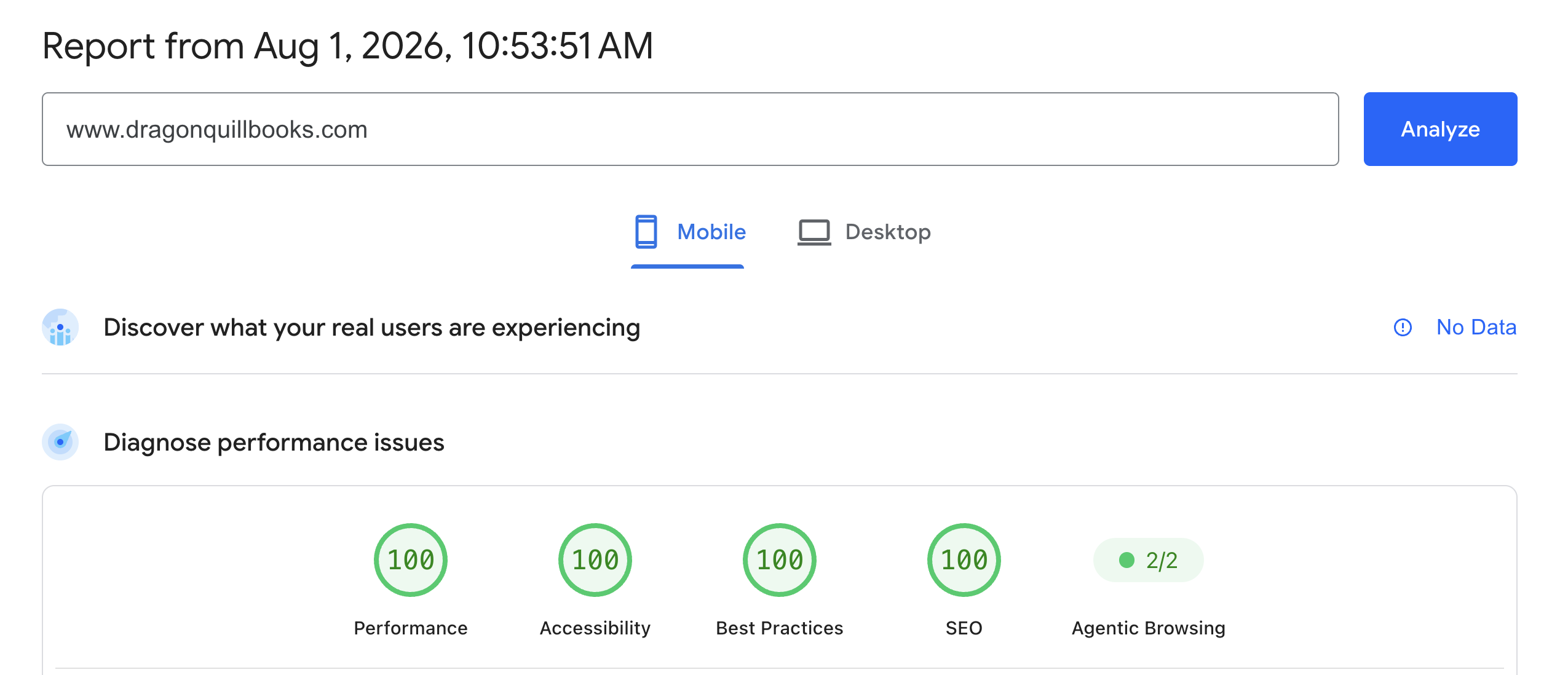screenshot of PageSpeed score showing perfect 100% ratings in all categories